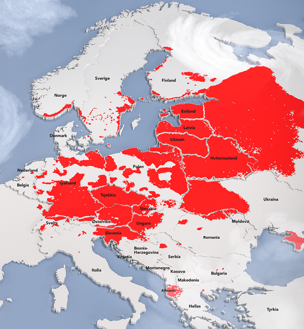 Kartet viser områder i Europa som er endemiske for TBE (Europeisk variant). Referanse: Modifisert versjon av Dobler G, Erber W, Schmitt HJ, Tick-borne encephalitis (TBE) 2018, Global Health Press, 2018