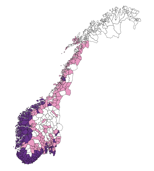 Kartet viser omtrentlig utbredelse av skogflått i Norge. Mørk farge indikerer områder med mest skogflått. NB: Kartet viser større utbredelse i Nord-Norge enn hva som faktisk er tilfelle. Kilde: Kartgrunnlag Kartverket, Copyright Apokus.