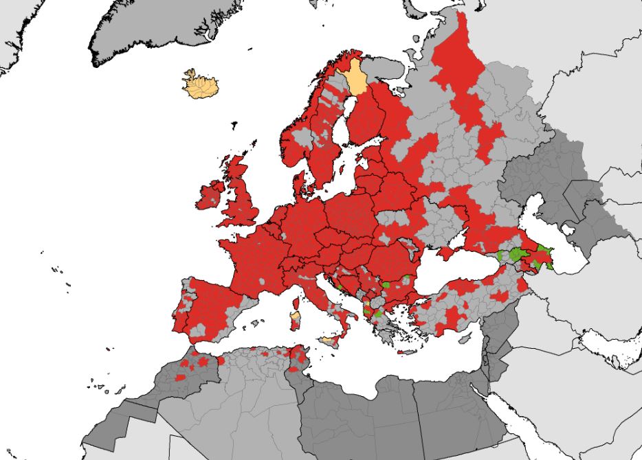 Kart som viser utbredelsen av skogflått (Ixodes ricinus). Oppdatert mars 2022. Kilde: European Centre for Disease Prevention and Control